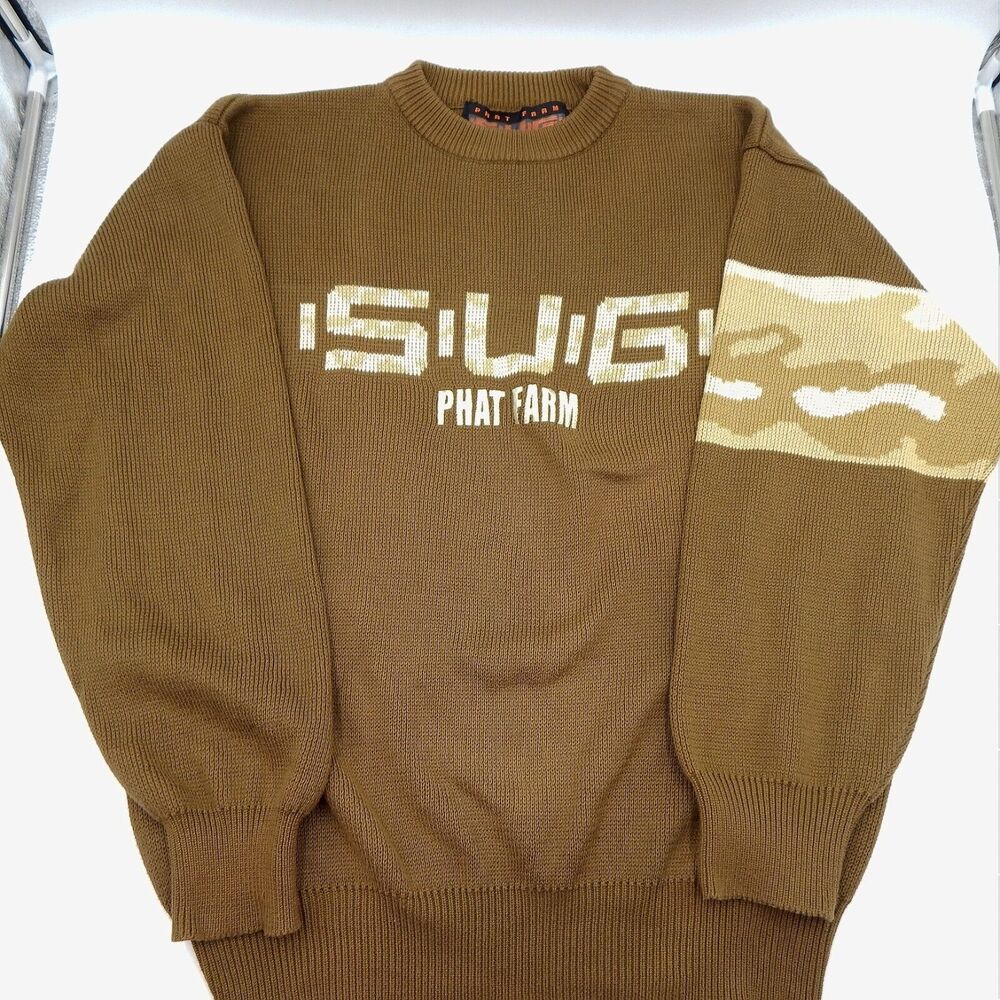 Phat Farm SUG Men's Sweater Brown Camo 2XL Hip Hop Brooklyn 90s Vintage